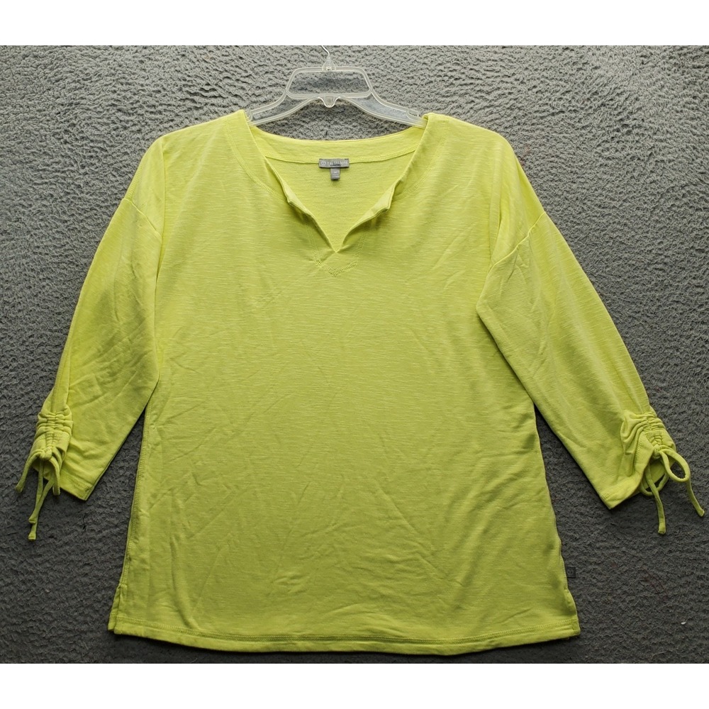 T by Talbots Shirt Top Womens Medium Yellow Stretch Side Slit Tie Sleeve V-Neck